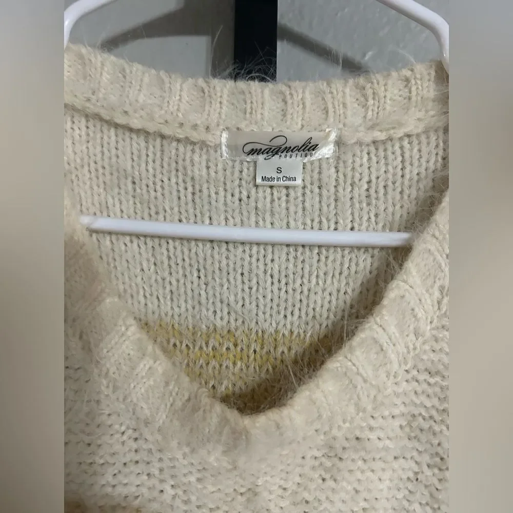 Magnolia Boutique Cream Fuzzy Scoop Neck Sweater with Pastel Stripes Size Small